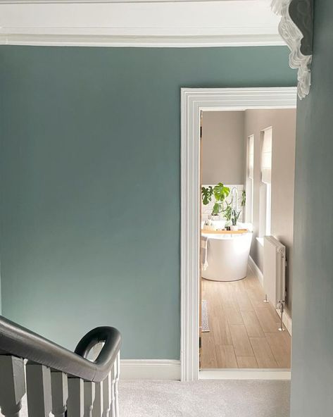 Farrow and Ball 85 Oval Room Blue reviews with real photos - PLAN Farrow And Ball Dix Blue Living Rooms, Oval Room Blue Farrow And Ball Hallway, Light Blue Hallway Ideas, Blue Green Hallway, Oval Room Blue Colour Scheme, Farrow Ball Oval Room Blue, Farrow And Ball Pigeon Hallway, Blue Farrow And Ball Bedroom, Oval Room Blue Bedroom