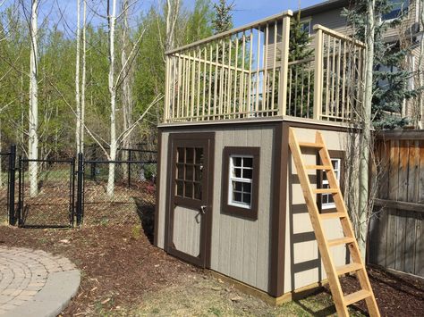 Shed Solutions Calgary custom designed playhouse with upper deck!  Check out more designs at: www.shed-solutions.com Shed With Rooftop Deck, Shed With Playhouse On Top, 2 Story Shed, Flower Garden Plans, Tree Fort, Backyard Designs, Art Deco Bathroom, Deco Bathroom, Outdoor Sheds