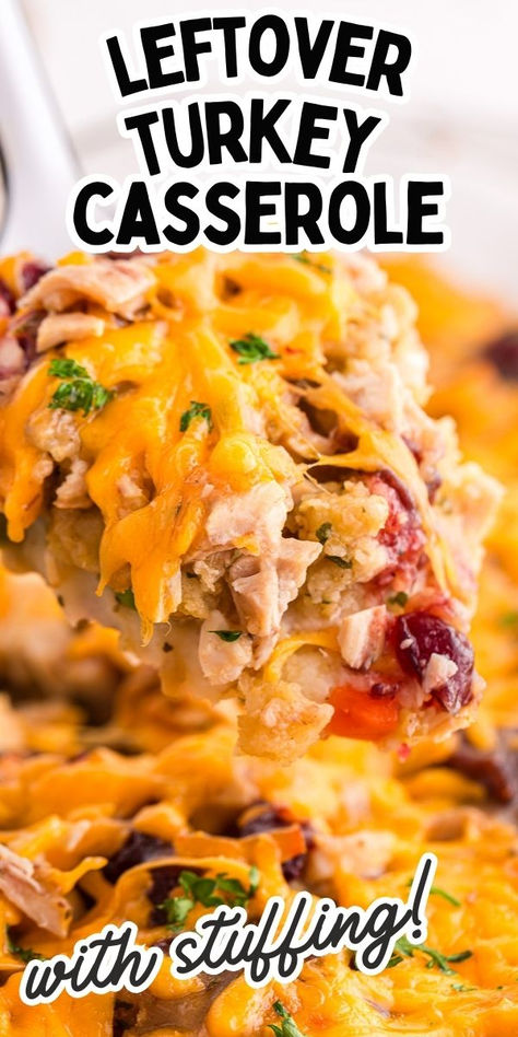 Leftover turkey casserole scooped on a serving spoon. Turkey Casserole With Stuffing, Casserole With Stuffing, Thanksgiving Leftover Casserole, Turkey Casserole Recipes Leftover, Turkey Casserole Recipe, Leftover Turkey Casserole, Cherry Dump Cake Recipe, Chicken Noodle Soup Crock Pot, Turkey Leftovers