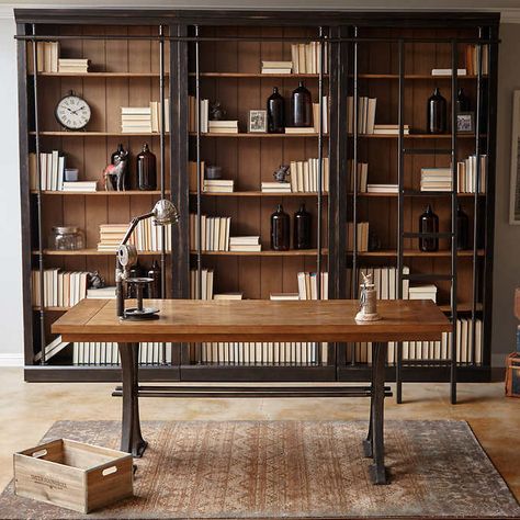 Tuscan 3-piece Bookcase Wall, Ladder and Writing Desk Brown Bookshelves, Brown Bookcase, Cheap Office Furniture, Interior Kantor, Bookcase Wall, Wall Bookshelves, Office Set, French Doors Interior, Joanna Gaines