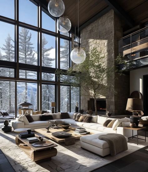 Mountain Homes Interiors, Rustic Scandinavian Living Room, Chalet Living Room, Mountain Interior Design, Chalet Interior Design, Mountain Home Interiors, Mountain Dream Homes, Modern Mountain House, Modern Wooden House