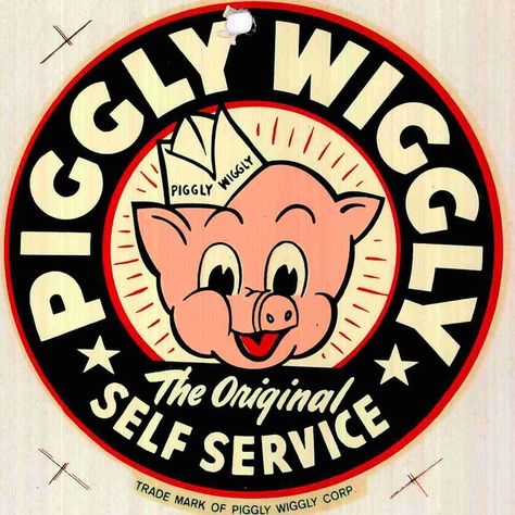 Piggly Wiggly logo registered as trademark on this day in 1972. First use in 1950.  #PigglyWiggly #marketing #branding #brand #logo #trademark #history Piggly Wiggly, Round Wood Sign, Retro Sign, Vintage Metal Signs, Self Service, Advertising Signs, Car Stickers, Vintage Signs, Decorative Signs