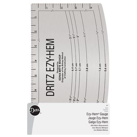 This ruler is a helpful tool for any sewing, quilting or crafting. Ezy-Hem Gauge- Standard and metric measurements. It can be used to make a hem from 1/4 inch to 4 inch on a straight edge and from 1/4 inch to 2.5 inch on a curved edge. Includes complete illustrated instructions on back of package. Size: 5 inch x 9 inch. Color: Silver. Hem Gauge, Construction Outfit, Stitch Patch, Illustrated Instructions, Metric Measurements, Measuring Tools, Protective Gloves, Marking Tools, Sewing Tools