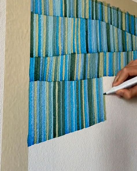 Randomized stripe mural | color, stripe | She uses a dice to pick which color goes next 👏 👏 | By UNILAD Stripe Mural, Stripe Art, Watercolor Stripes, Small Balcony Ideas Apartment, Striped Art, Fabric Wall Art, Color Techniques, Balcony Ideas Apartment, Small Balcony Ideas