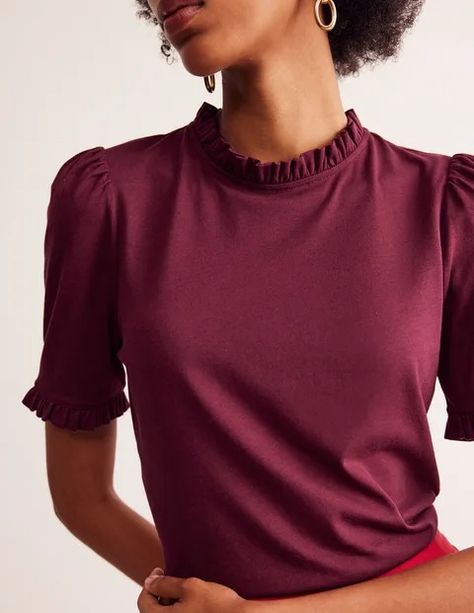 Supersoft Frill Detail T-shirt Plum Top Outfit, Essential Tops, Plum Top, Comfy Sweatshirts, Tops Outfit, Bordeaux Color, Flattering Jeans, Pretty Blouses, Comfy Sweatshirt