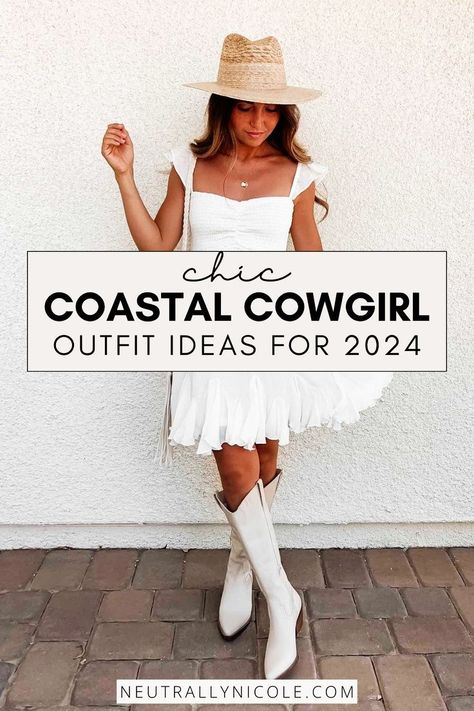 Redefine your style with our Coastal Cowgirl aesthetic outfit ideas, where cowgirl chic meets coastal sophistication. Explore ways to mix and match cute cowgirl outfits with the effortless cool of seaside fashion. Think distressed denim paired with flowy, ocean-inspired tops, and accessorized with statement cowboy boots for a look that captures the heart of cowgirl style while embracing the ease of coastal living. Denim Cowgirl Outfit, Cowgirl Aesthetic Outfit, Cowgirl Chic Outfits, Coastal Cowgirl Outfit, Fall Festival Outfit, Coastal Cowgirl Aesthetic, Cowboy Boot Outfits, Cute Cowgirl, Outfit Ideas 2024