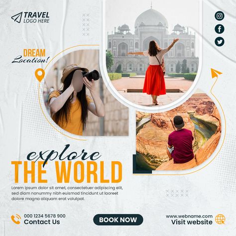 Travel Tour Social Media Post Or Holiday Vacation Square Flyer Web Banner Design Template#pikbest#Templates#Others Travel Brochure Design, Marketing Banner, Seo Design, Catalogue Design, Social Media Branding Design, Travel Advertising, Discount Design, Banner Design Inspiration, Tourism Day