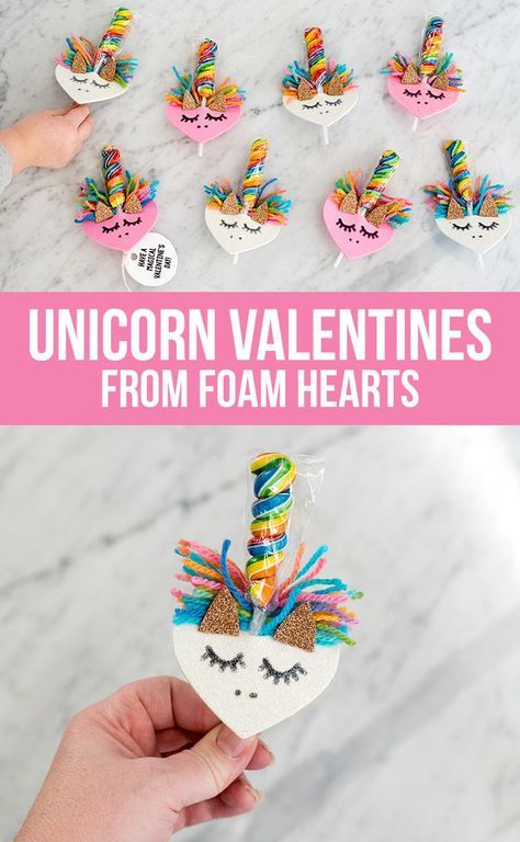 Make DIY Unicorn Valentines from Foam Hearts Saint Valentin Diy, Valentines Bricolage, Valentines Day Crafts, Unicorn Craft, Hearts Valentines Day, Valentinstag Party, Diy Unicorn, Class Valentines, Valentine Gifts For Kids