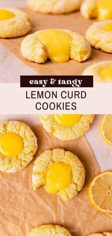 crinkle cookies with gooey lemon curd pouring out of the middles Lemon Curd Cookies, Curd Cookies, Curd Filling, Lemon Curd Filling, Soft Chocolate Chip Cookies, Cream Cheese Eggs, Filled Cookies, Yellow Foods, Cookie Dough Balls