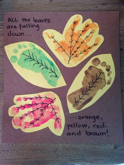 Fall leaves- baby handprints and footprints Fall Leaves Crafts For Infants, Fall Crafts For 11 Month Old, Leaves Activities For Infants, Footprint Leaves Craft, Fall Infant Sensory Activities, Fall Leaves Infant Art, Leaf Infant Art, September Arts And Crafts For Infants, Fall Harvest Infant Art