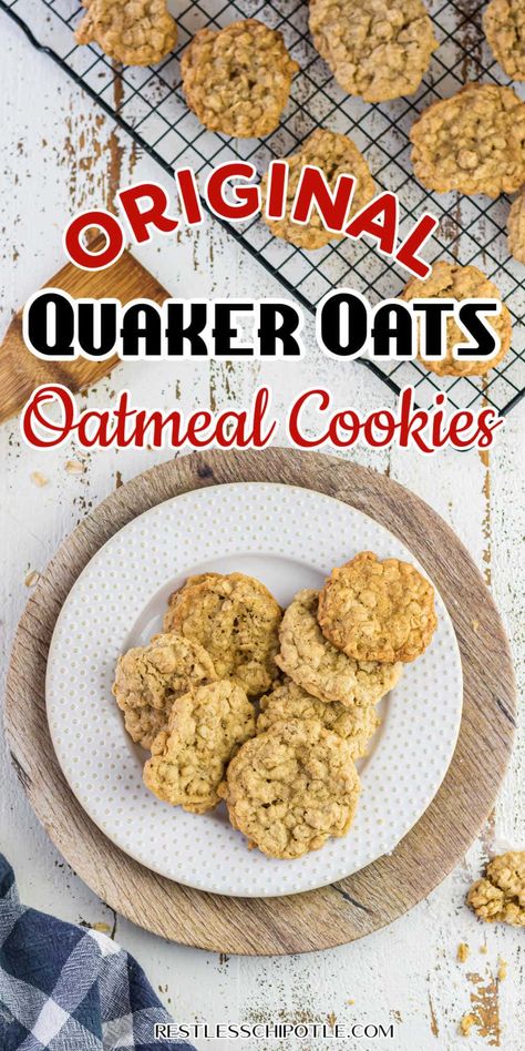 The original Quaker oats oatmeal cookies recipe is still the best! This is the classic favorite that was on the back of the box of Quaker oats in the 1950s and 1960s. Original Quaker Oatmeal Cookie Recipe, Quaker Oats Oatmeal Cookie Recipe, Quaker Oats Oatmeal Cookies, Quaker Oatmeal Cookie Recipe, Quaker Oatmeal Cookies, Quaker Oats Oatmeal, Old Fashioned Oatmeal Cookies, Oat Cookie Recipe, Quaker Oatmeal