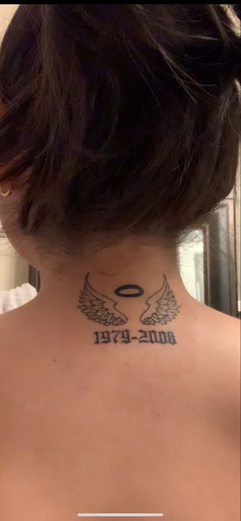 Angel wing remembrance tattoo Angel Wings Neck Tattoo, Angel Wing Drawing, Wing Neck Tattoo, Wing Angel, Wing Drawing, Angel Wings Drawing, Tattoo Angel, Date Tattoos, Remembrance Tattoos