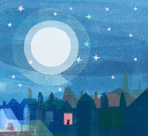 A night-sky-with-a-full-moon. Dreams Illustration Art, Night Sky Illustration Stars, Night Scene Illustration, Night Garden Illustration, Moon And Stars Illustration, Full Moon Illustration, Night Sky Illustration, Babe Original, Picture Book Illustration