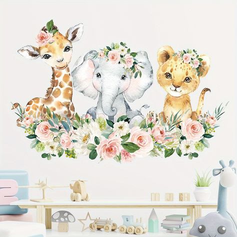 Cartoon Cute Elephant Giraffe Leopard Flower Animal Wall Stickers for Bedroom Living Room Nursery Jungle Baby Room, Baby Room Wall Stickers, Nursery Decals Girl, Jungle Nursery Decor, Leopard Flower, Jungle Nursery, Wall Decals For Bedroom, Nursery Decals, Diy Nursery