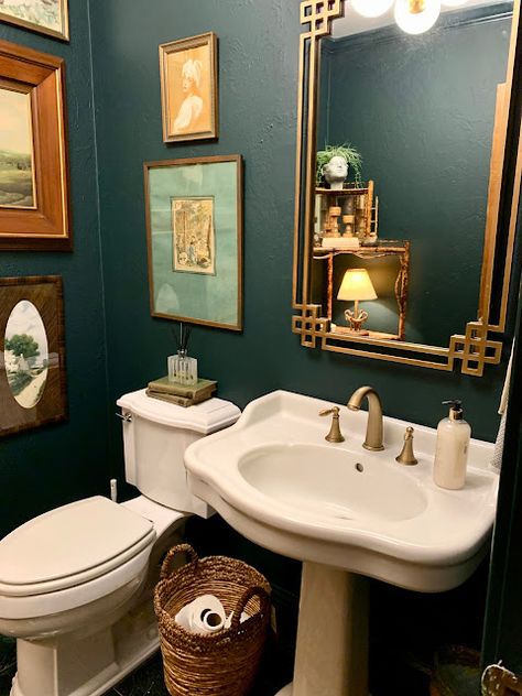 MORE BEFORE AND AFTER - design indulgence Gallery Wall Half Bath, Eclectic Half Bathroom, Moody Half Bath, Bathroom Decor Shelves, Gallery Wall Decor Ideas, Shelves Bathroom Decor, Eclectic Bathroom Decor, Bathroom Gallery Wall, Decor Shelves