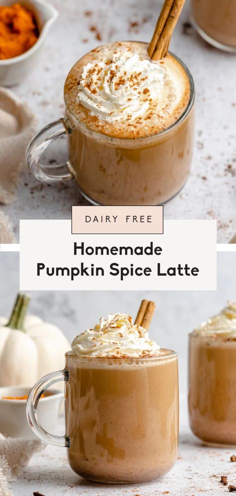 The best homemade pumpkin spice latte made with real pumpkin puree and cozy pumpkin pie spice. You'll love this naturally sweetened, dairy free pumpkin spice latte recipe for your morning coffee or a delicious afternoon pick-me-up! #latte #pumpkin #hotdrink #dairyfree Pumpkin Latte Recipe, Pumpkin Pie Latte, Vegan Pumpkin Spice Latte, Pumpkin Spice Latte Recipe, Pumpkin Puree Recipes, Homemade Pumpkin Spice Latte, Vegan Pumpkin Spice, Festive Recipes, Dairy Free Pumpkin