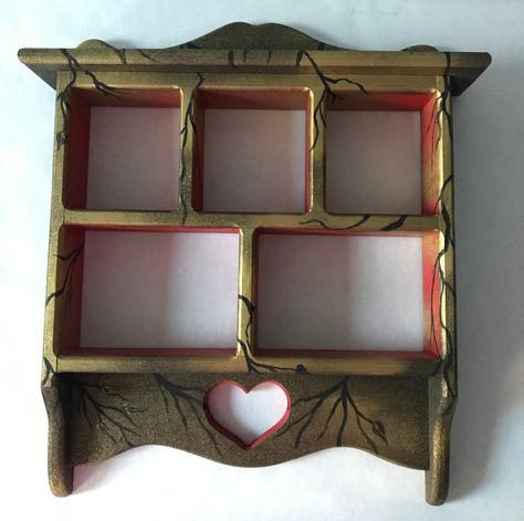 Beautifully unique one of a kind repurposed vintage heart design wood display shelf hand painted by Marianna Mills. Beautifully detailed acrylic painting with 18K gold spray to give a stunning effect. Can be used as a single art hanging on your wall or display your collection. Size approx.: Height 17 inches Width 15 inches Depth 3 inches Shelves about 4 inches height Ships within the US, or can be delivered free by myself within 30 miles radius from Ellicott City, MD 21043. If your order qualifi Shelf Painting Ideas, Shelf Painting, Wood Display Shelf, Painted Shelf, Small Wall Shelf, Milk Art, Single Art, Room Concept, Ellicott City Md