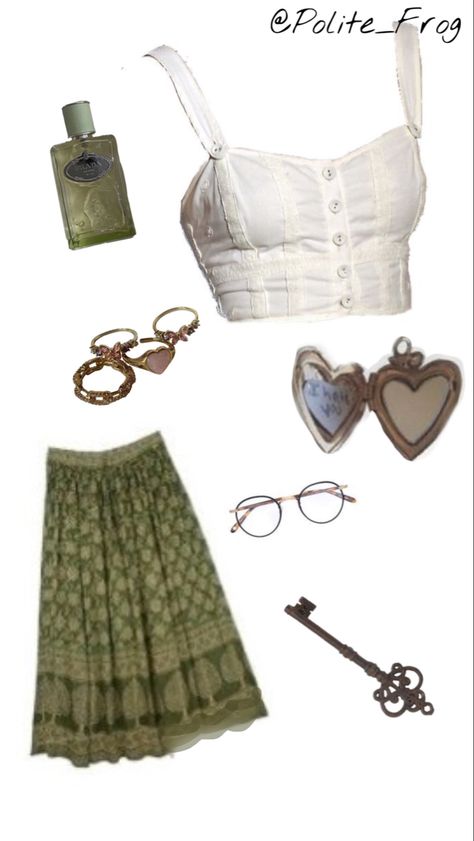 -white top
-green skirt
-round wire frame glasses
-perfume
-rings
-locket Cute Cottage Core Clothes, Green Cottage Core Outfit, Sage Green Coquette Outfit, Cottage Core Outfits Women, Green Fairy Outfit Aesthetic, Light Cottage Core Outfits, Y2k Boho Fashion, Cottage Core Outfits For School, Cottage Summer Outfits