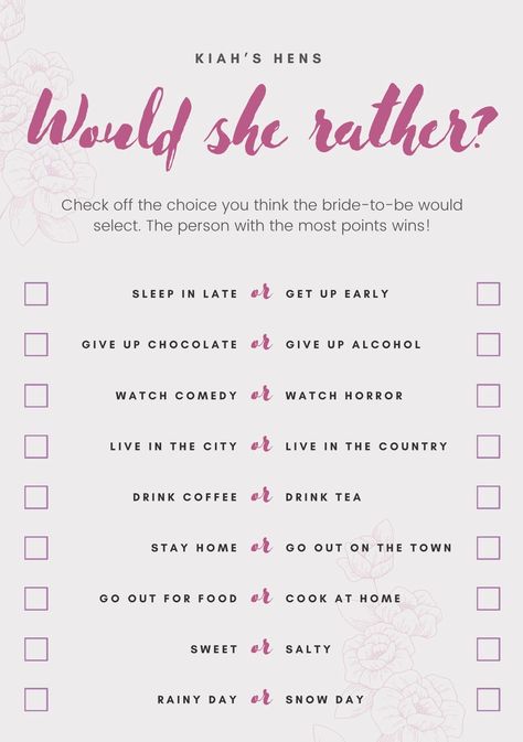 Bridal shower, Hens party or Bachelorette party printable game: Would she rather  A fun way to interact with everyone and get the party started!  HOW IT WORKS!  - Purchase my product and leave in the comments or note the name of the future bride/hen - A email will be sent to you with a printable file for the special day!  ( For any special requests, colour changes etc please also leave them in the notes ) Hen Party Games Printable, Bachelorette Party Ideas Games, Hens Party Games, Fun Bachelorette Party Games, Hen Games, Engagement Party Games, Bridesmaid Brunch, Bachelorette Inspo, Would She Rather