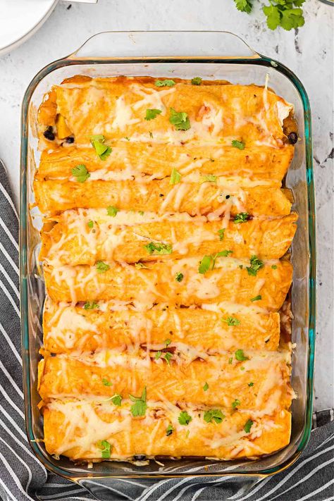 Butternut Squash Dinner, Squash Black Bean, Butternut Squash Enchiladas, Butternut Squash Vegan, Butternut Squash Black Bean, Veggie Main Dishes, Black Bean Enchiladas, Zesty Sauce, Bean Enchiladas