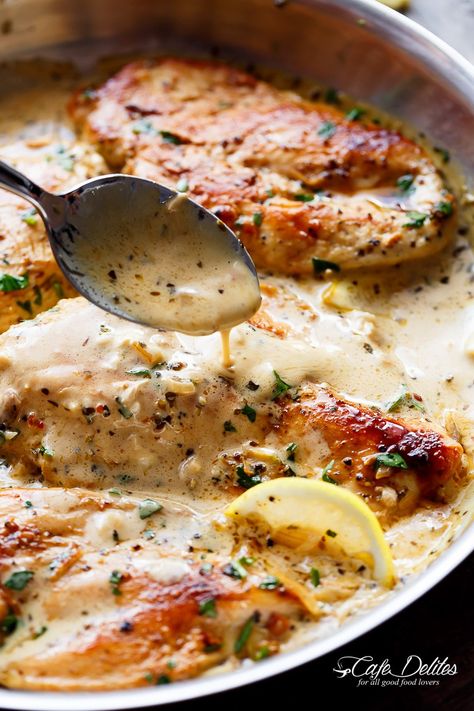 Lemon Chicken Scallopini with Lemon Garlic Cream Sauce combines two recipes into one: lemon garlic chicken AND a lemon garlic cream sauce to keep the flavours going! | https://cafedelites.com Lemon Garlic Cream Sauce, Garlic Cream Sauce Recipe, Continental Recipes, Chicken Scallopini, Garlic Cream Sauce, Cream Sauce Recipes, Cooking Cream, Lemon Garlic Chicken, Seasoned Chicken