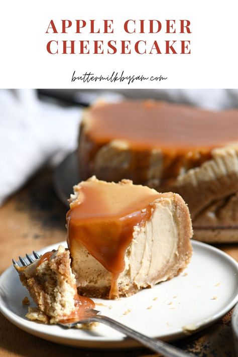 slice of apple cider cheesecake on a plate with a bite taken out of it Must Try Baking Recipes, Apple Cider Donut Cheesecake, Cheesecake Fall Recipes, Apple Cider Cheesecake Recipe, Caramel Apple Cider Cookies Recipes, Cozy Deserts, Apple Spice Cheesecake, Fall Bakes Goods, Cheesecake Recipes Fall