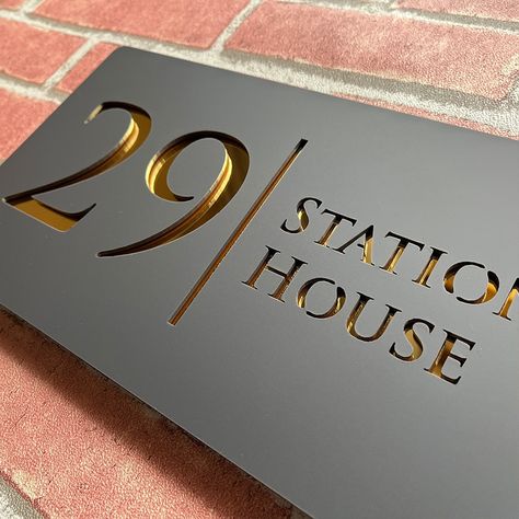 House Number Plates Design, Metal House Signs Outdoor Name, Street Numbers On House, Name Board Design For House, Name Plate Design House Modern, House Name Plate Design Outdoor, Number Plate Ideas, House Numbers Ideas Outdoor, House Name Plate Design