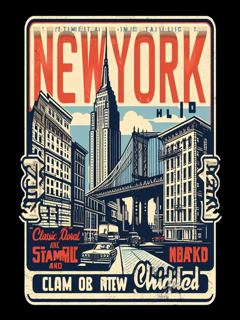 Vintage New York City Skyline illustration featuring iconic landmarks in sepia tones, including the Empire State Building and Brooklyn Bridge. New York Illustration Art, New York Old Money, New York Graphic Design, New York City Illustration, Empire State Building Art, Landmark Illustration, Nyc Poster, New York Illustration, City Aesthetics