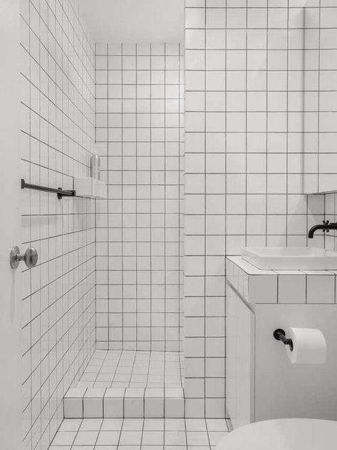 88 Bleecker St by Tali Roth Designs | 1stDibs Graphic Tile Bathroom, White Tiles Black Grout, White Tiled Bathroom, Square Tile Bathroom, Tali Roth, White Square Tiles, Tiled Bathroom, Black Grout, White Bathroom Tiles