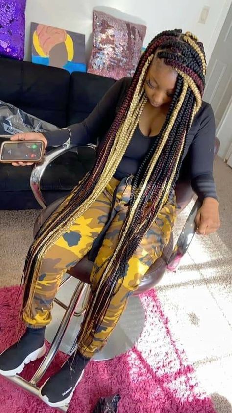 Long Knotless Box Braids With Color, 3 Different Color Box Braids, Extravagant Hairstyles, Girl Braided Hairstyles, Yellow Lipstick, Blue Braids, Colored Box Braids, Big Box Braids Hairstyles, Colored Braids