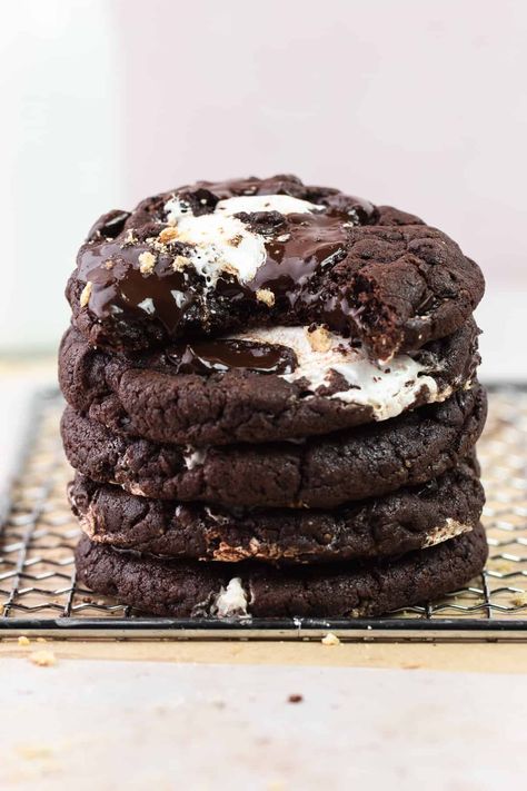 Chocolate S'mores Cookies - Short Stack Kitchen Smores Cookies Chocolate, Chocolate S’more Cookies, Insomnia Smores Cookies Recipe, Double Chocolate Smores Cookies, Chocolate S’mores Cookies, Smores Cookie Recipes, S’more Cookie, Fall Chocolate Desserts, S’mores Cookie