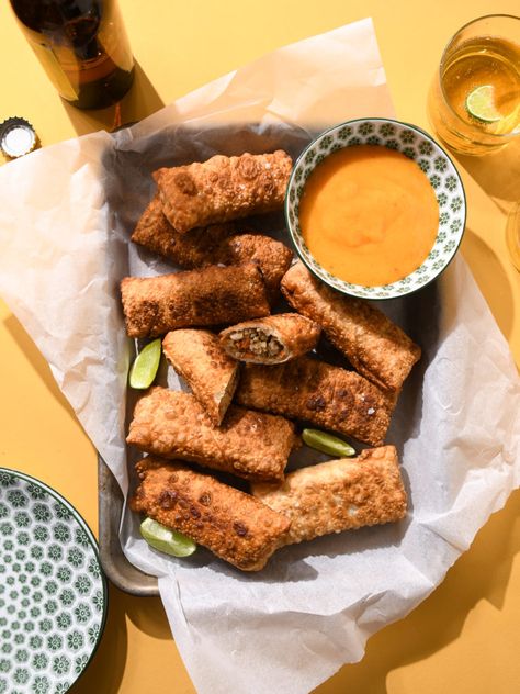 Easy Jerk Chicken Egg Rolls with Mango Sweet Chili Sauce - Sweet July Jerk Chicken Egg Rolls Dipping Sauces, Jerk Chicken Appetizer, Jerk Chicken Eggrolls, Jamaican Egg Rolls, Jerk Egg Rolls, Jerk Chicken Egg Rolls Recipes, Jerk Chicken Egg Rolls, Voodoo Egg Rolls Recipe, Easy Jerk Chicken