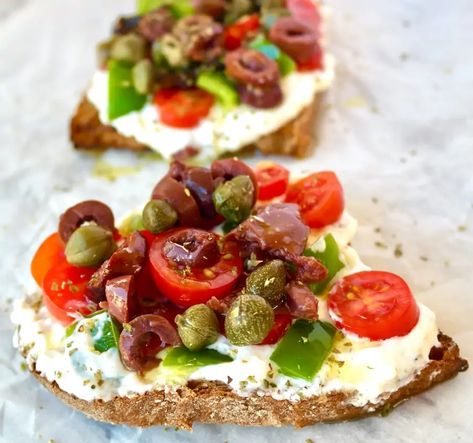 Mediterranean Feta Toast | Olive Tomato Mediterranean Toast, Feta Toast, Olive Tomato, Mediterranean Diet Breakfast, Mediterranean Recipes Healthy, Mediterranean Breakfast, Mediterranean Diet Recipes Dinners, Easy Mediterranean Diet Recipes, Whipped Feta