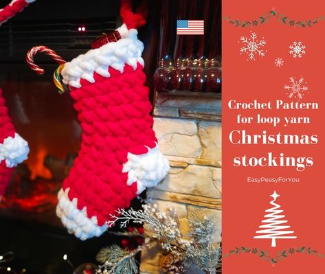 Christmas stockings crochet pattern for loop yarn, Diy Christmas stockings, Family christmas stockings plush pattern This crochet pattern is for Alize Puffy loop plush yarn or any other loop yarn. We will not use knitting needles or crochet. All we need is hands, yarn with loops and some free time. As a basis, we take the rules of crocheting. Even a beginner can handle it. Yarn Diy Christmas, Christmas Stockings Crochet, Stockings Crochet, Diy Christmas Stockings, For Loop, Family Christmas Stockings, Crochet Socks Pattern, Alize Puffy, Mini Stockings