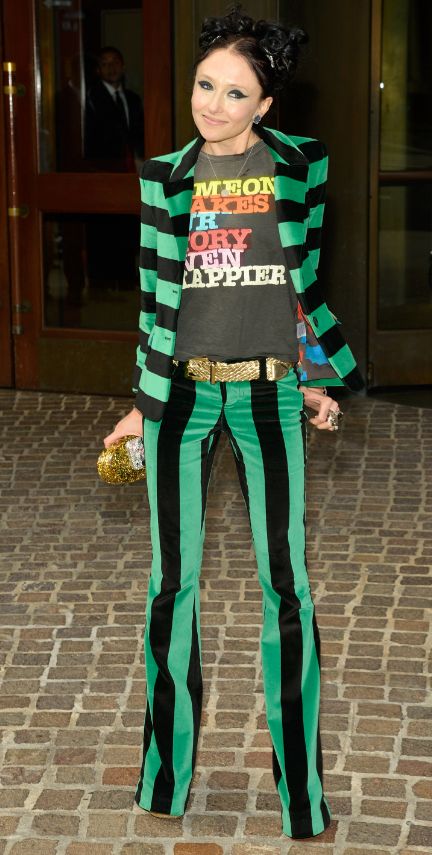 The designer in her signature bold, form-fitting striped pants. Carnival Fashion, Retro Pants, Stacey Bendet, Alice And Olivia, Glam Looks, Business Insider, Fashion Plates, Classic Outfits, Green Stripes