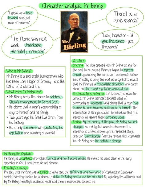 An Inspector Calls Mr Birling, Arthur Birling Revision, Mr Birling Analysis, Inspector Calls Character Analysis, Mr Birling Character Analysis, Mr Birling Quotes, Arthur Birling, Revision Quotes, Mr Birling