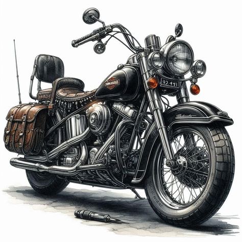 Vintage Bobber Motorcycle, Vintage Harley Davidson Art, Harley Davidson Heritage Softail Classic, Motorcycle Art Painting, Harley Tattoos, Steampunk Vehicle, Rocker Boy, Harley Davidson Artwork, Vintage Harley Davidson Motorcycles