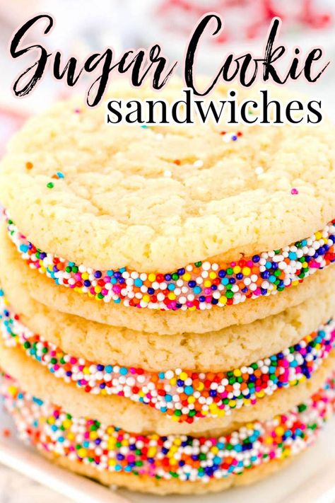 sugar cookie sandwiches with sprinkles, stacked on top of one another Sugar Cookie Ice Cream Sandwich, Ice Cream Cookie Sandwich Recipe, Sandwich Cookies Filling, Easy Icing, Cookie Sandwich Recipes, Ice Cream Sandwiches Recipe, Cookie Sandwich, Cookie Toppings, Best Sugar Cookie Recipe