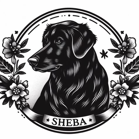 Bing AI: "Traditional Drawn Tattoo Style. Dog portrait (partial profile) in oval frame with flowers. The dog is black. She has the coat and floppy ears of a black Labrador. She also has the long, narrow muzzle and thick neck fur of a Norwegian Elkhound. The name "Sheba" is written below." Black Dog Traditional Tattoo, Lab Tattoo, K9 Handler, Frame With Flowers, Thick Neck, Norwegian Elkhound, Traditional Tattoo Design, Memorial Tattoo, Fairy Tattoo