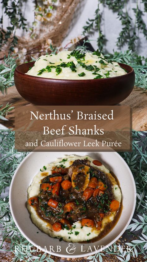 Celebrate the gods of Norse Mythology with these recipes inspired by Nerthus, the earth goddess. Beef shanks slowly braised in ale are paired with a creamy cauliflower leek purée as the perfect culinary offering to honour this ancient Norse Goddess. This dish is incredible tender and flavourful, perfect for a special dinner occasion. Norse Food Recipes, Norse Food, Braised Beef Shanks, Viking Bar, Viking Recipes, Beef Shanks, Lotr Party, Historical Food, Viking Food