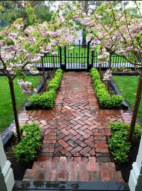 15 Genius Landscaping Ideas for Front of House - Nikki's Plate Reka Bentuk Landskap, Taman Diy, Courtyard Landscaping, Walkway Landscaping, Brick Path, Brick Walkway, Pathway Landscaping, Walkways Paths, Front Yard Design