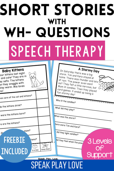 picture of short stories with wh questions for speech therapy Wh Questions Speech Therapy, Speech Therapy Free, Speech Teletherapy, Wh Questions Activities, Early Intervention Speech Therapy, Free Short Stories, Iep Meetings, Collective Nouns, Listening Comprehension