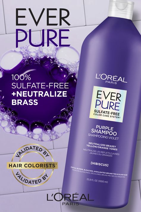 New salon size, same premium level formula. Formulated with hibiscus + purple dye neutralizes brassiness, 100% Sulfate-Free EverPure Purple Shampoo + Conditioner deeply moisturizes and leaves hair brighter. For all blonde, bleached, highlighted brunettes and silver hair. Brighten Hair, Brown Highlighted Hair, Purple Shampoo Before And After Blonde Hair, Shampoo Hair Color, Blue Or Purple Shampoo, Loreal Purple Shampoo, Best Blonde Shampoo Purple, Cosmetic Background, Purple Shampoo Toner