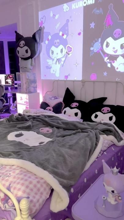 Kuromi Bedroom, Kuromi Room, Sanrio Bedroom, Sanrio Room, Anime Bedroom Ideas, Hello Kitty Room Decor, Hello Kitty Rooms, Room Redesign, Pinterest Room Decor