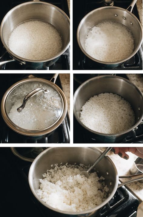 How to Cook Rice - The Ultimate Guide | In this guide, you will find detailed information on how to cook short grain, medium grain, long grain, and jasmine rice in a rice cooker, on the stove top, or in an Instant Pot. I also included the rice-water ratios and a cooking time chart, plus notes on how to adjust the texture of white rice, storage, and more! White Rice On Stove Top, Sushi Rice Recipe Stove Top, Steamed White Rice Stove Top, How To Make White Rice On The Stove, Steam Rice How To Make, How To Cook Jasmine Rice On The Stove, How To Make Steamed Rice On The Stove, Cooking Jasmine Rice On Stove, Stove Top Rice