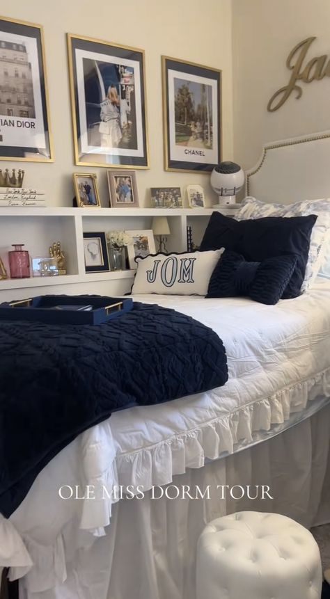 Navy And Gold Dorm Room, Dorm Room Ole Miss, Tcu Dorm Room Ideas, Navy Dorm Room Ideas, Classy Dorm Room Ideas, Dorm Room Ideas Navy Blue, Kentucky Dorm Room, Blue College Dorm, Navy Blue Dorm Room