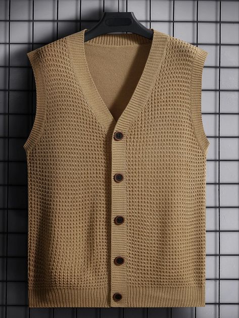 Men Button Front Vest Cardigan | SHEIN USA Cardigan Vest Sleeveless, Men Knitwear, Plain Cardigan, Button Front Sweater, Vest Cardigan, Sweater Vest Mens, Vest Men, Cardigan Sweater Vest, Sweater Vests