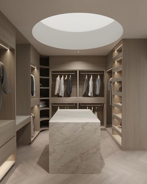 Dezcon Pty Ltd | Walk in Robe of your dreams 💭  Interiors by @dezcon_   #modernhouse #interiordesign #buildingdesigner #fyp #architecturelover #modernh... | Instagram Walk In Robe With Island, Contemporary Walk In Closet Design, Corner Walk In Wardrobe, Walk In Wardrobe Island, Modern Luxury Walk In Closet, Walking Wardrobe Ideas, Walk In Closet With Island, Contemporary Walk In Closet, Walk In Wardrobe Ideas