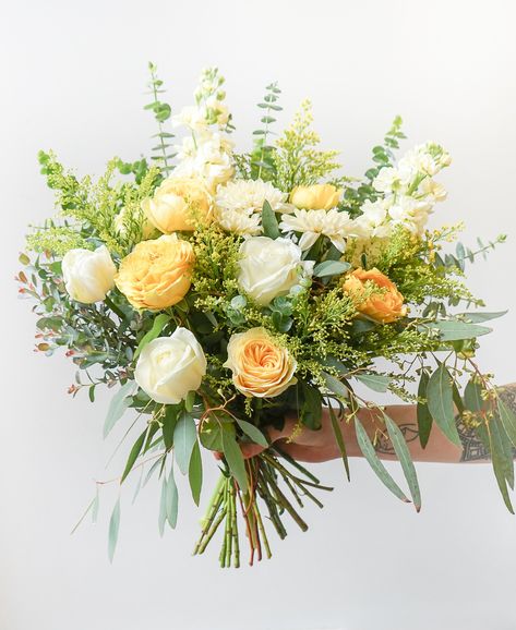 This seasonal, yellow-toned bouquet filled with assorted yellow flowers, beautiful fillers and greenery will brighten someone's day! Pictured here is a signature size. Double it or make it Soooo Extra for even more cheer. Mustard Yellow Wedding Bouquet, Yellow White Flower Bouquet, Yellow And Green Bouquet, Yellow Prom Bouquet, Green Yellow Bouquet, Real Flower Bridal Bouquet, Yellow Wildflower Bouquet, Yellow Bouquet Flowers, White And Yellow Bouquet