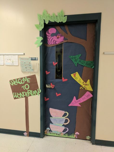 Alice In Wonderland Theme Door, Disney Door Decorating Contest, Disney School Door Decorations, Princess Door Decorations, Alice In Wonderland Door Decorations Classroom, Storybook Classroom Door Ideas, Door Decorating Contest Book Theme, Fairy Tale Door Decorations Classroom, Book Character Door Decorations